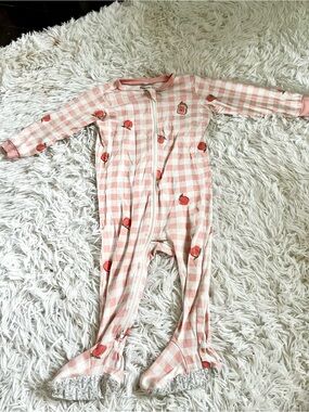 Girls' Pink Gingham Peach-Print Footed Pajama Topper - Soft Sleep Zip